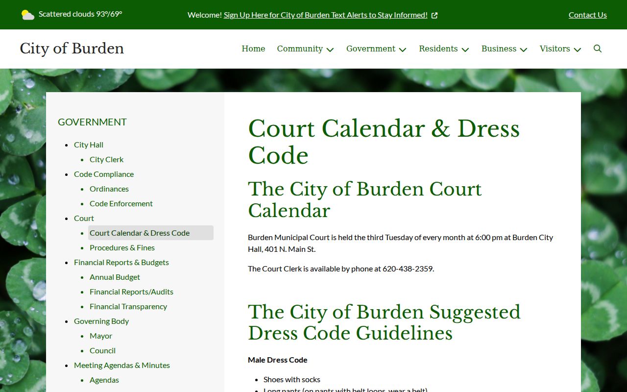 Official Burden Municipal Court calendar and dress code page