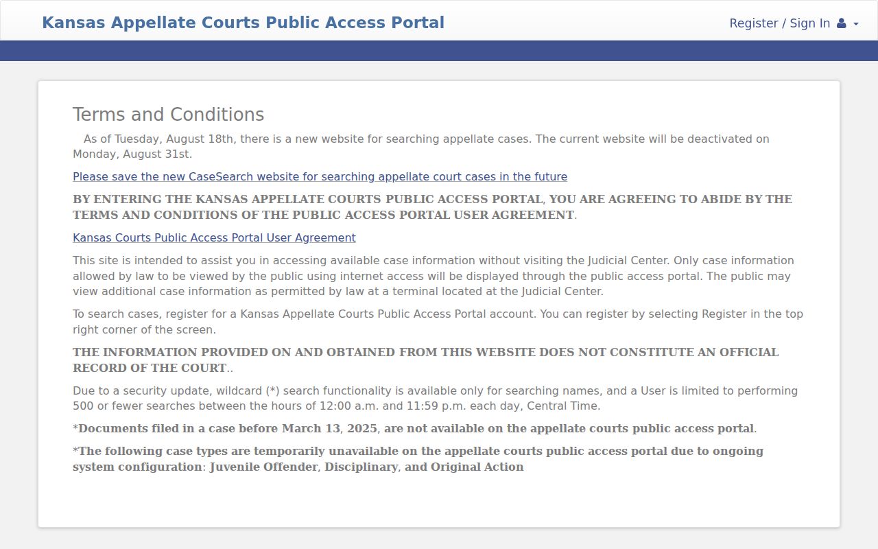 Kansas appellate public portal search interface