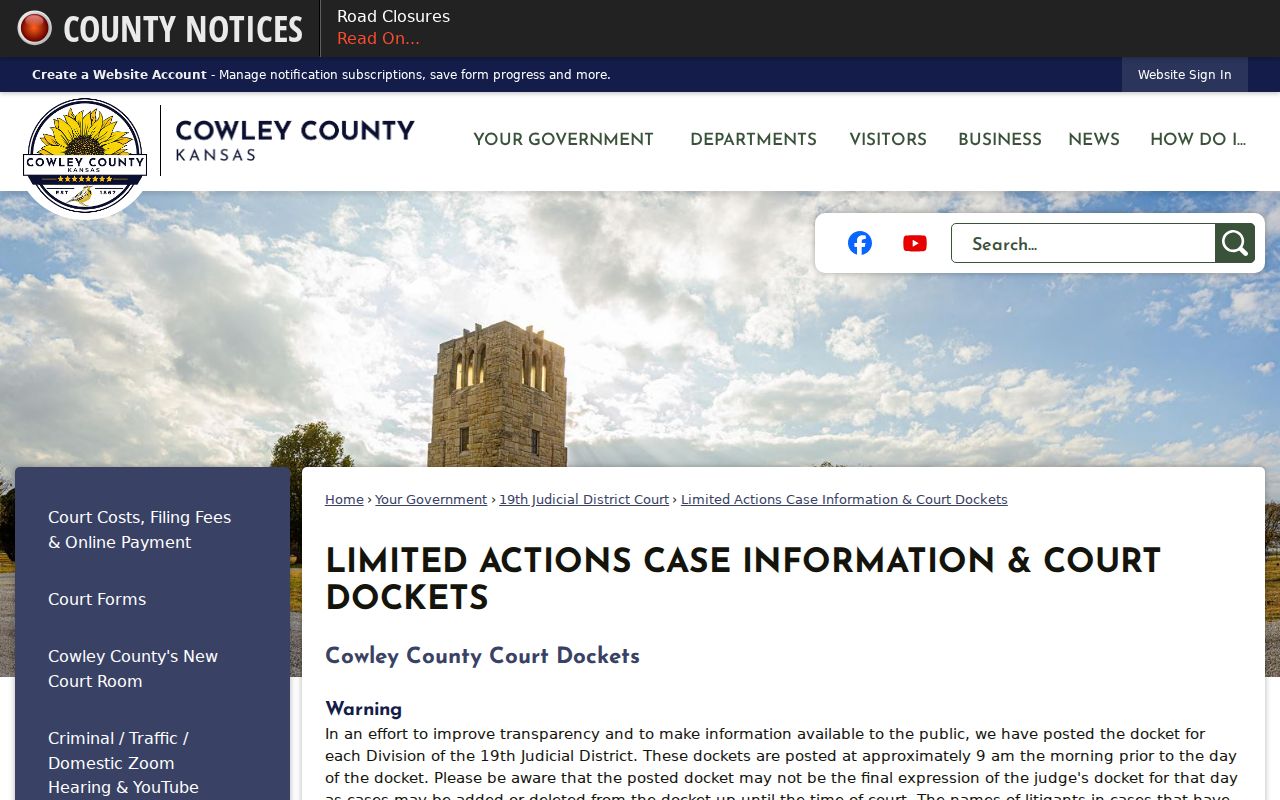 Cowley County judge docket index and calendar posting information