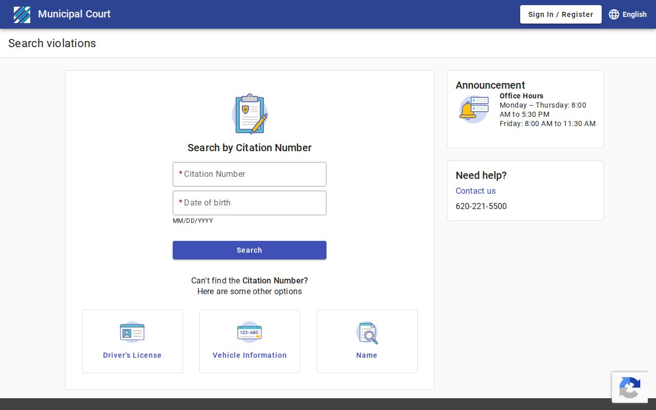 Winfield municipal citation search portal and search modes